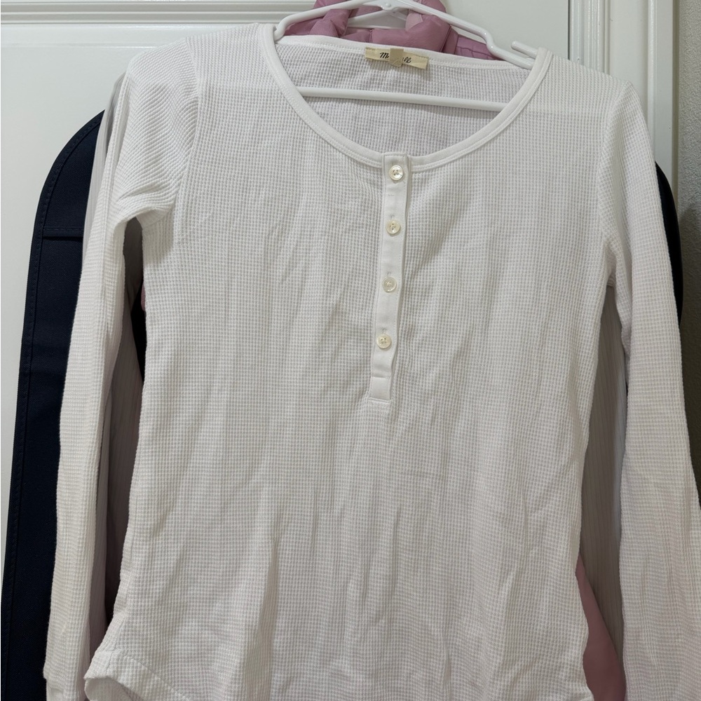 Madewell White Waffle-Knit Henley Long Sleeve Top
